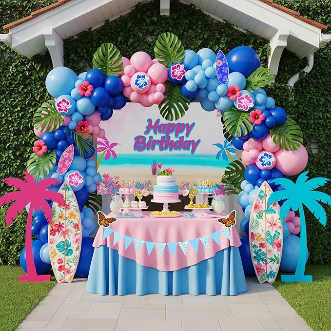 Pastel Pink and Blue Balloon Garland Arch with paper cards banner backdrop Artificial Palm Leaves for kids cartoon Hawaii gender reveal Baby shower birthday halloween trunk or treat party decorations