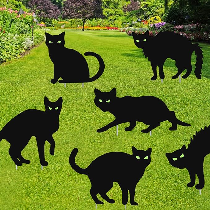 Halloween Decorations Outdoor Yard Signs,6Pcs Flordeluna Black Cat Halloween Yard Signs with Stakes, Scary Silhouette with Glow in Dark Eyes for Outdoor Yard Lawn Patio Garden Halloween Decor