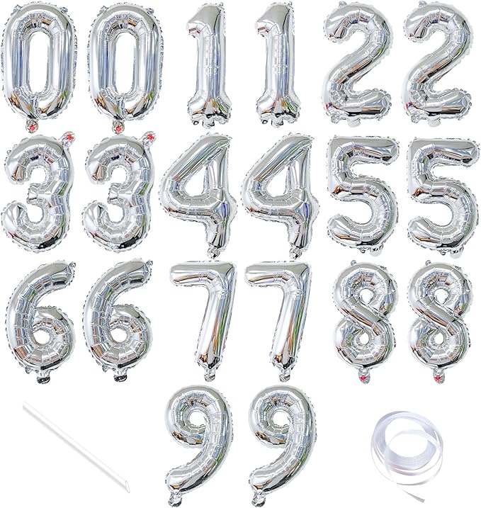 20 Pieces 2 Sets of 16 Inch Silver Number 0-9 Balloons – Foil Mylar Balloons for Custom Number Decorations, Birthday, Anniversary, Graduation, New Year, and DIY Party Decor