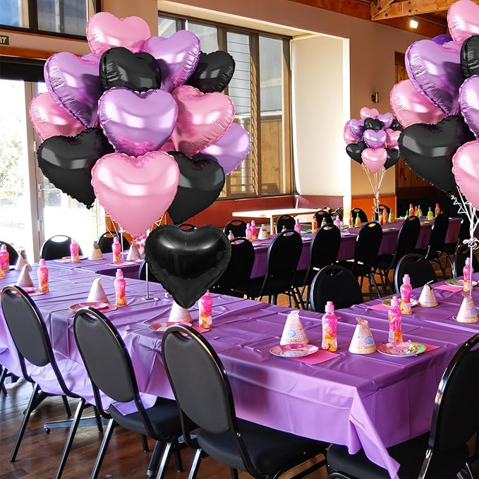 Pink Purple Heart Balloons,12Pcs Black Pink Heart Shaped Foil Balloons,18Inch Purple Pink Helium Polyester Film Balloon for Baby Shower Birthday Anniversary Wedding Party Decorations