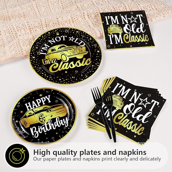 Grencian 96Pcs Classic Car Party Decorations Vintage Car Birthday Plates and Napkins Tableware Sets Old Theme Classic Party Favors for Adult Mens Racing Cars Theme Birthday Supplies Serve 24
