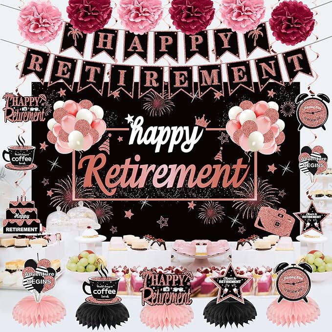 20PCS Happy Retirement Party Decorations Kit for Women, Rose Gold Retirement Backdrop Balloons Honeycomb Centerpiece Swirl Paper Pompoms Party Supplies, Retired Sash Table Topper Swirls Set