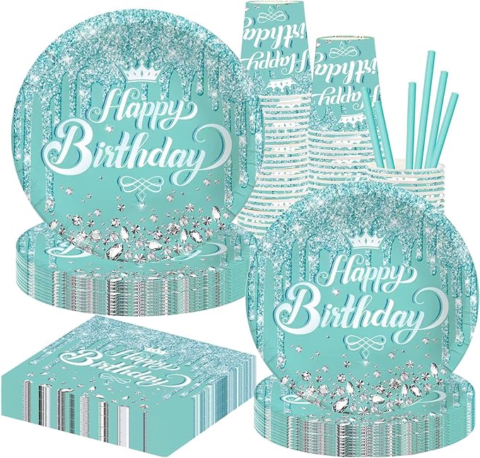 Teal and Silver Party Tableware - Complete Pack for Birthday, Baby Shower Party Including Plates, Cups, Napkins, Straws