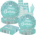 Teal and Silver Party Tableware - Complete Pack for Birthday, Baby Shower Party Including Plates, Cups, Napkins, Straws