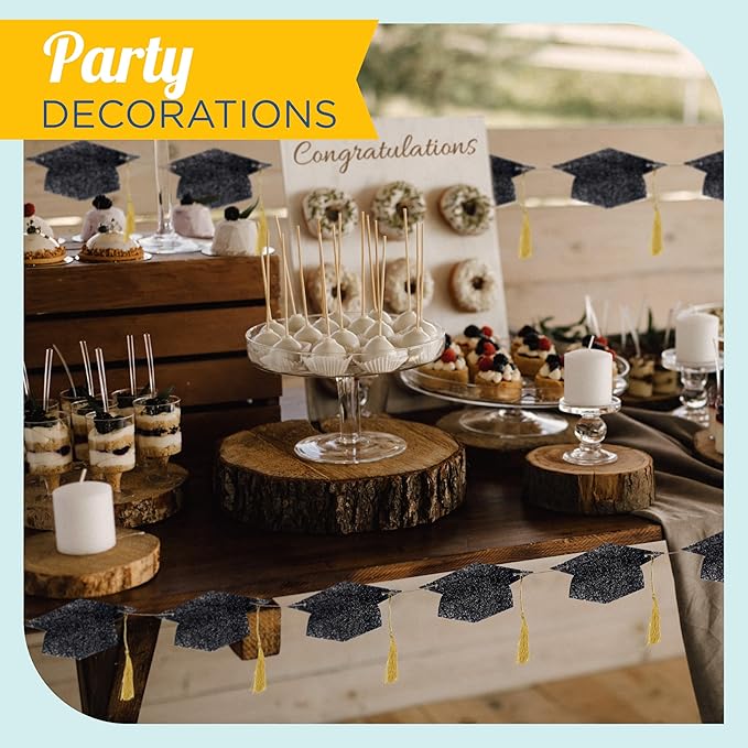 4E's Novelty Graduation Cap Banner – Black Glitter 2026 Grad Cap Garland, Grad Party Decorations 2025, Hanging Graduation Decor for College, High School & Outdoor Celebrations