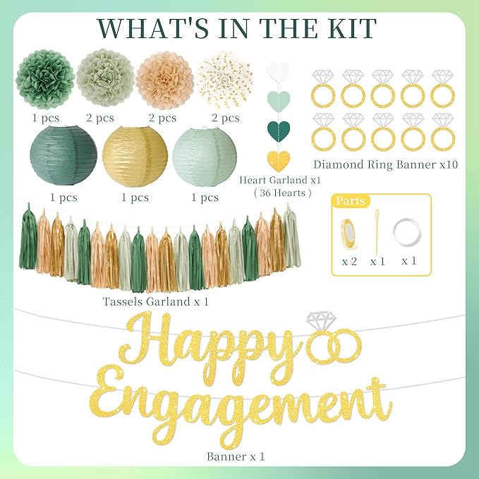 Engagement Party Decorations Sage Green Engaged Decorations with Gold Happy Engagement Banner, Includes Paper Pom Poms Paper Lanterns, Tassels for Couple Bridal Shower Decor