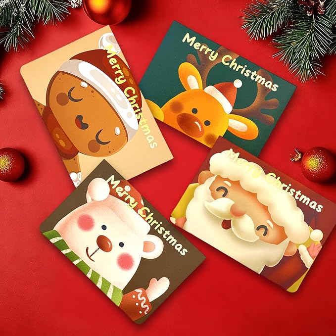 12 Pcs Christmas card with Envelopes & 24 Pcs Sticker,Cartoon categories holiday cuteness multiple loose cards with envelopes and written blessing messages, can be given to friends, family, children, boys and girls (Green)