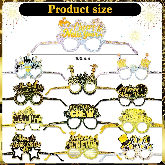 HOWAF 36 Pcs New Year Eve Party Supplies 2026, New Years Hats Headband Cone Hats Glitter Paper Eyeglasses Noise Makers White Gold New Years Decorations 2026 for NYE Party Favor Accessories