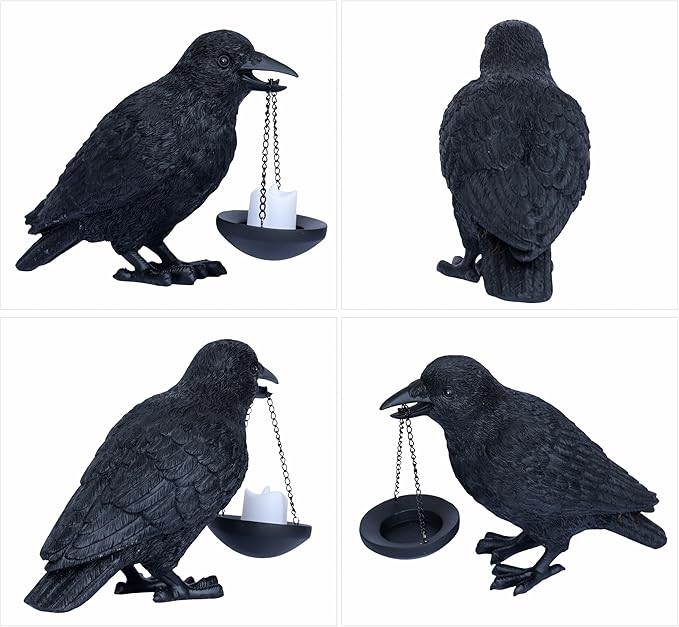 Gothic Home Decor Raven Lamp Tealight Candle Holder Halloween Decorations Indoor Fake Crow Light Holder Resin Black Bird Statue for Living Room Fireplace Entrance Holiday Spooky Ornaments
