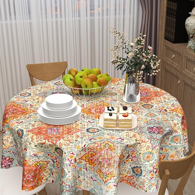 Boho Round Tablecloth Colorful Bohemian Circle Table Cloth 60 Inch Vintage Rustic Farmhouse Table Cover Washable Polyester Indoor Decorations for Home Kitchen Dinning Party