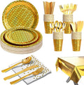 201-piece disposable party tableware set with paper plates, cups, napkins, straws, tablecloths, plastic knives, forks and spoons for a variety of party occasions for up to 25 people (Golden Glass)