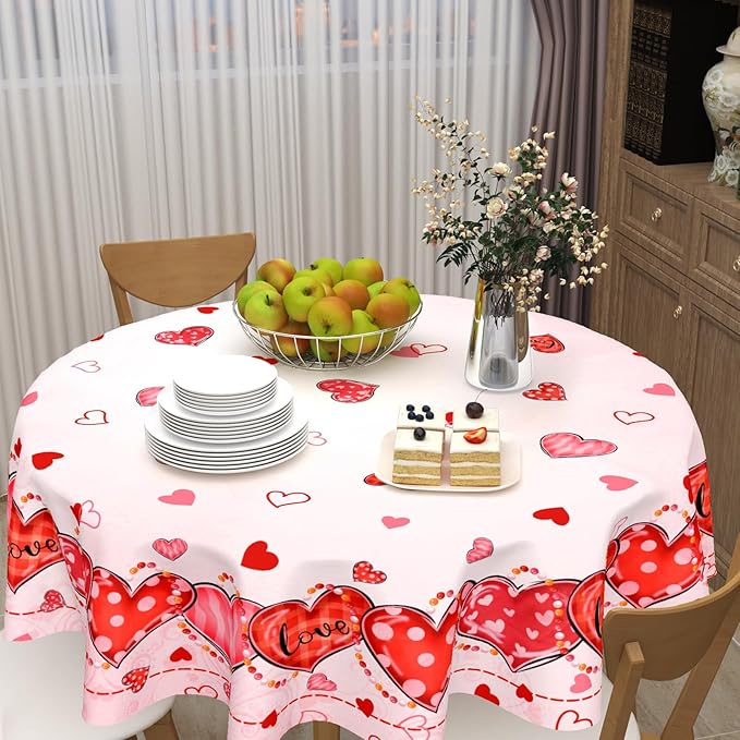 Valentine's Day Tablecloth Round 60 Inch Pink Love Hearts Table Cloth Farmhouse Valentines Table Cover for Kitchen Dinner Room Holiday Party Indoor Outdoor Home Valentine Decor