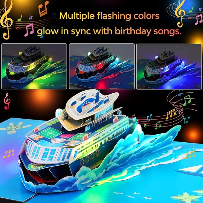 Magic Ants 3D Pop Up Birthday Card for Men with Lights and Music - Cruise Ship Greeting - Plays Happy Birthday to You – For Dad, Grandpa, Husband, Male Friend – Includes Envelope & Blank Note Card