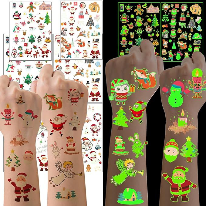 Christmas Party Favors for Kids - 128PCS Luminous Christmas Tattoos Glow in the Dark Goodie Bag Stocking Stuffers, Xmas Temporary Tattoos Party Supplies Decorations for Kids | 4 Sheets (6 x 8.2 inch)
