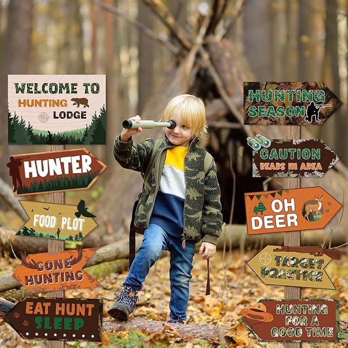 Hooqict 20 Pieces Hunting Party Decorations Hunting Themed Party Directional Signs for Camo Deer Birthday Party Decorations Welcome to Camouflage Party Supplies for Boys Men