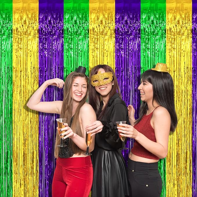 4 Pack 3.2Ft x 9.8Ft Mardi Gras Foil Fringe Curtain Backdrop, Gold Green Purple Metallic Tinsel Foil Fringe Streamers Curtains Background for Photo Booth, Birthday, Wedding, Carnival Party Decoration