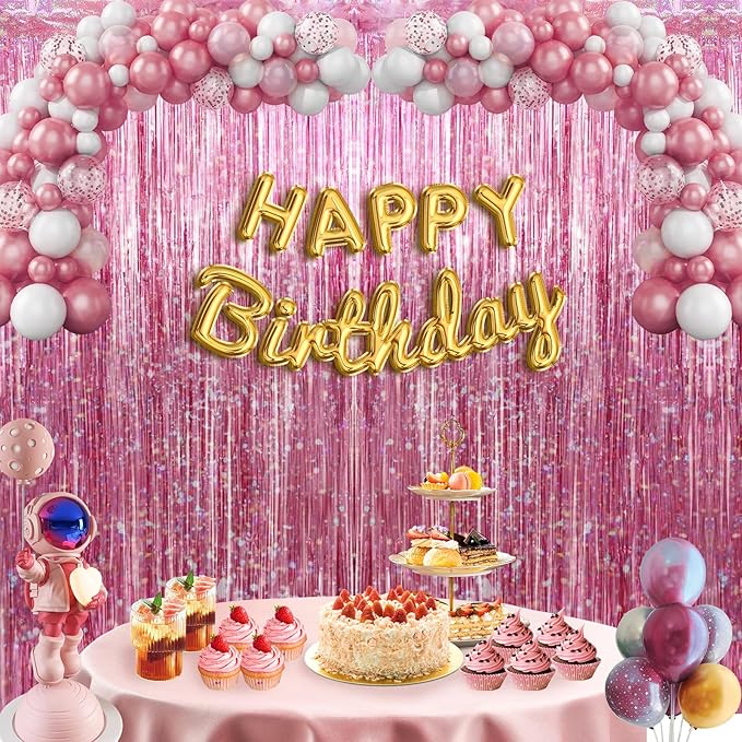 2 Pack Pink Birthday Decoration, Party Fringe Backdrop Decor Tinsel Foil Curtain Door Backdrop Banner Photo Booth Streamer for Birthday Wedding Baby Shower Bachelorette Disco Party Engagement