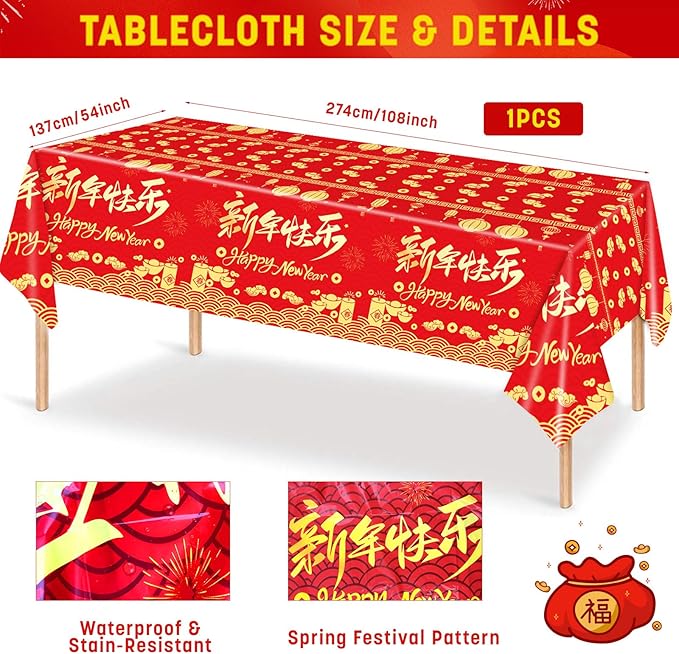176Pcs Chinese New Year Paper Plates & Napkins Sets,Chinese New Year Dinnerware Sets Including Cups Plastic Cutlery Disposable Tablecloth for Lunar Years Supplies Decor,Serves 25