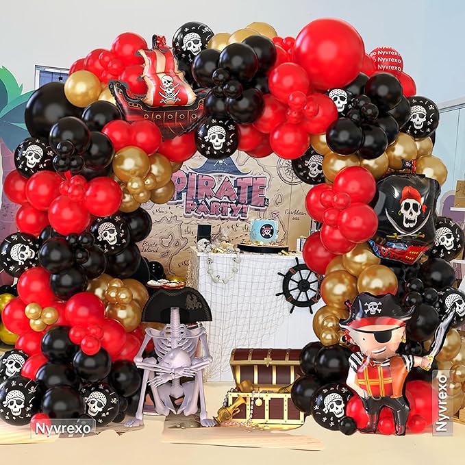 Pirate Birthday Party Decorations, 142Pcs Red Black Metallic Gold Balloon Garland Arch Kit with Pirate Ship Foil Mylar Balloon for Halloween Pirate Summer Sea Sailing Adventure Ocean Theme Party