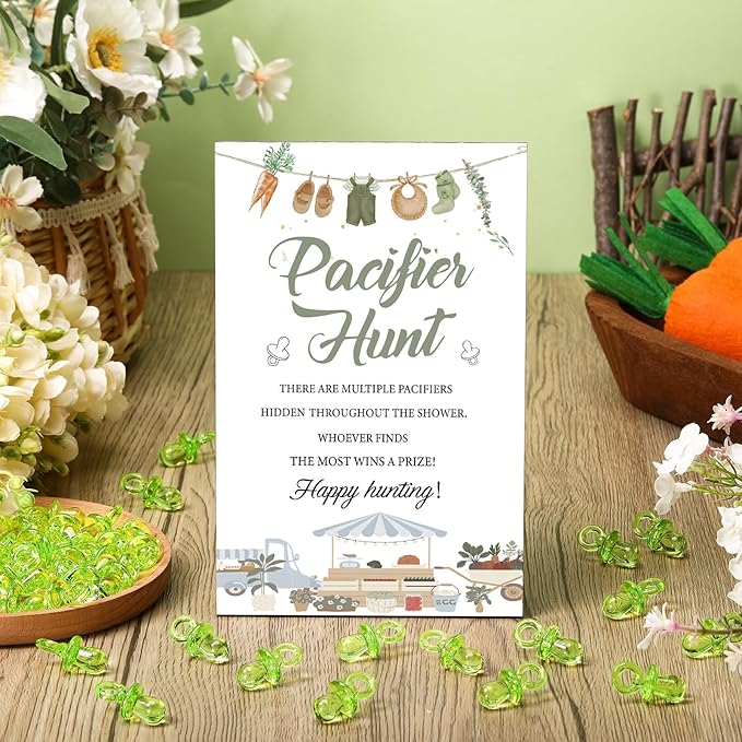 Thyle 51 Pcs locally grown Pacifier Hunt Baby Shower Games Include Hunt Sign and 50 Acrylic Pacifiers for farm themed Baby Shower Game Decoration Sets Gender Reveal newborn announcement Party Decor