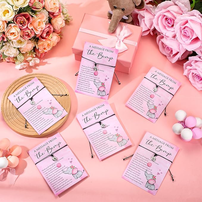 Thyle 50 Set Pink Elephant Baby Shower Favors for Guests Adjustable Bracelets with Message from the Bump Card Footprints Charm Baby Shower Bracelets for Gender Reveal Thank You Gifts