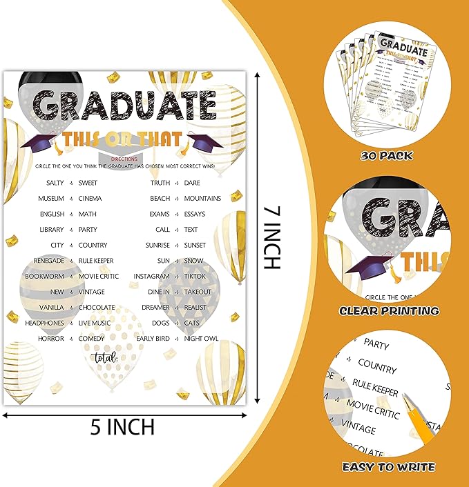 Graduation Party Games - This Or That Game Cards for The Graduate - Graduation Party Decorations 2024 - Gold & Black Grad Celebrations Party Supplies for High School/College - 30 Game Cards(F05)