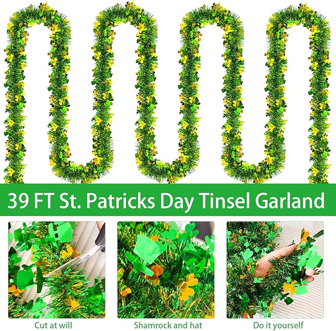 33 FT St Patricks Day Tinsel Garland Decor Gold Green Shamrock Hat Tinsel Garland Metallic Twist Hanging Garland for Home Indoor Outdoor Irish Party Supplies