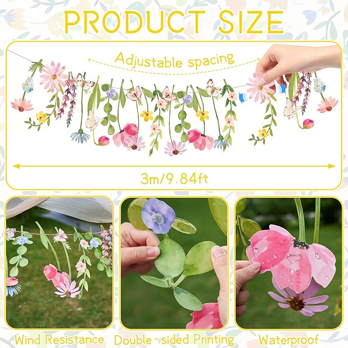 Wildflower Party Decorations Butterfly Flower Banner Flower Leaves Banner Butterfly Garland for Wall Garden Spring Baby Shower Wedding Backdrop Decor