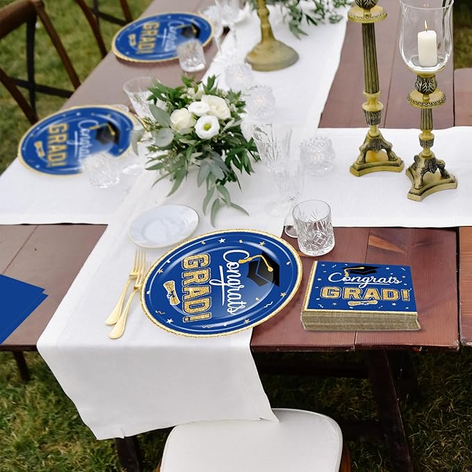 2026 Graduation Party Supplies Tableware Set - 100 Pcs Blue Gold Graduation Plates and Napkins Class of 2026 Disposable Dinnerware for College High School Congrats Grad Party favors, Serve 25
