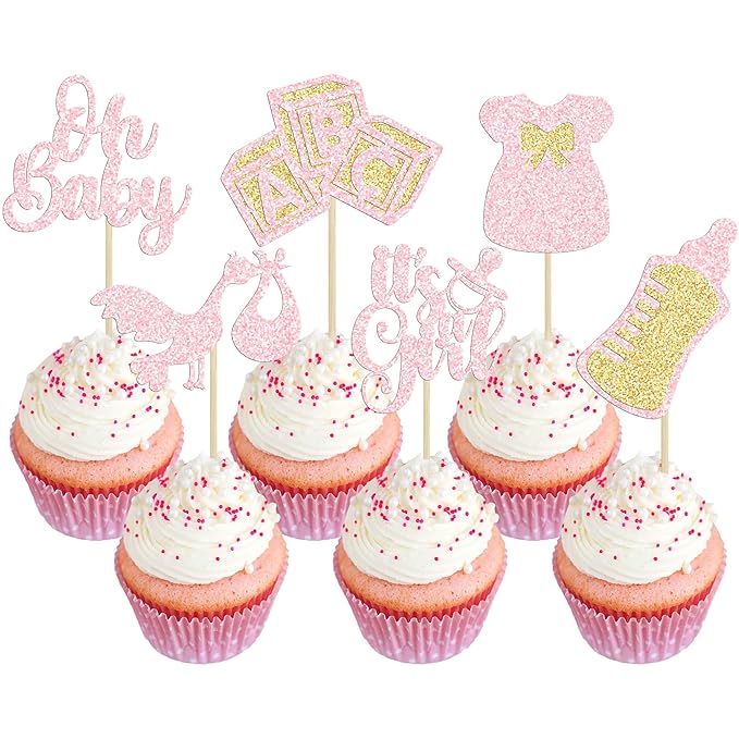 Gyufise 24Pcs Baby Shower Cake Topper, Light Pink, Baby Girl Themed Cupcake Picks for Gender Reveal, Birthday Party Supplies