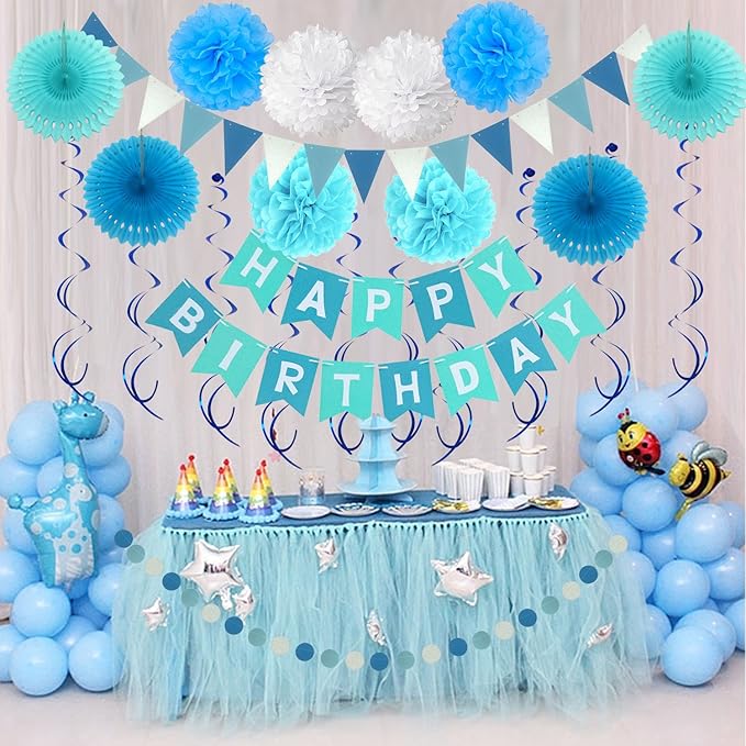 ZERODECO Birthday Decoration Set - Happy Birthday Banner with Fans, Pom Poms, Swirls and Balloons - Blue, Sky Blue and White