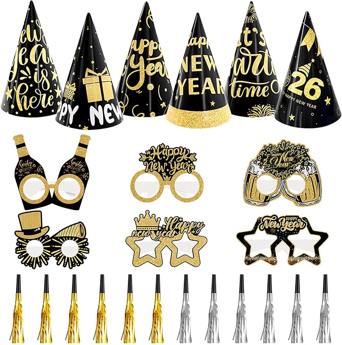 Openfly 24Pcs New Years Eve Party Supplies 2026 Happy New Years Party Headband Hats New Year Glasses New Year Noise Makers