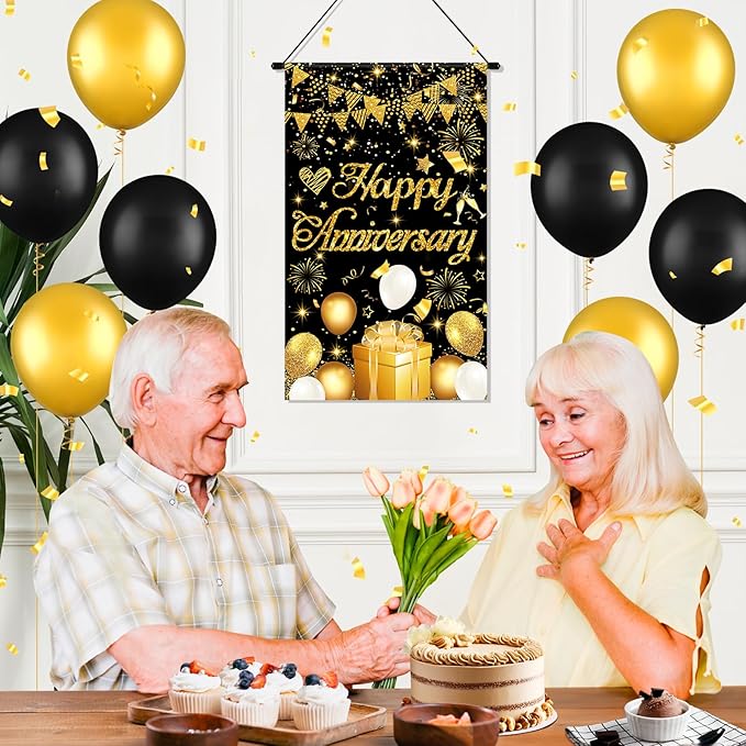 Anniversary Party Decorations Black Gold Happy Anniversary Door Banner Sign Small Wedding Anniversary Door Hanging Banner Porch Front Door Decor for Men Women Anniversary Cruise Door Sign Supplies