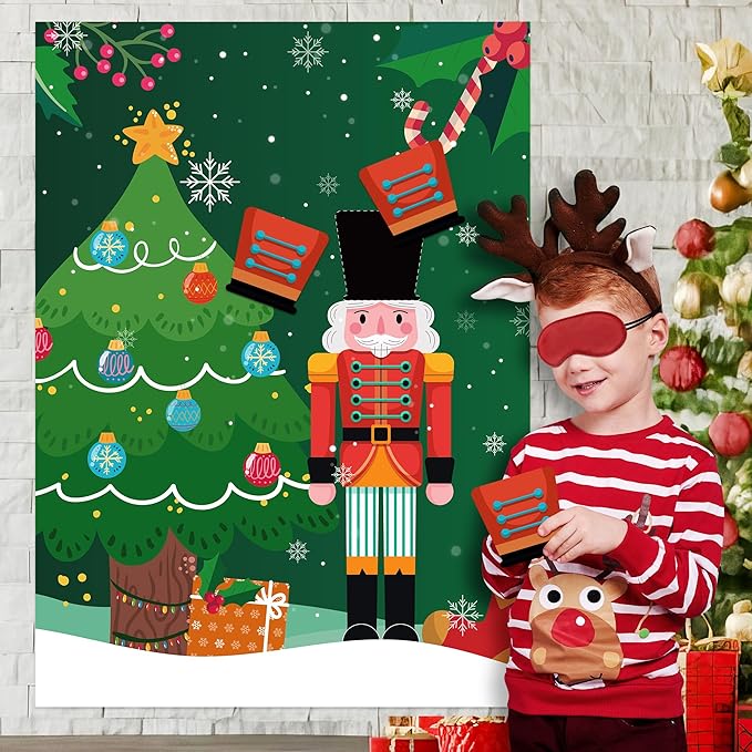 Christmas Pin The Hat On The Nutcracker Game Poster with 24 Pcs Stickers Blindfolds Fun Xmas Winter Holiday New Year Birthday Activities Party Favors Decorations Supplies for Family Gathering
