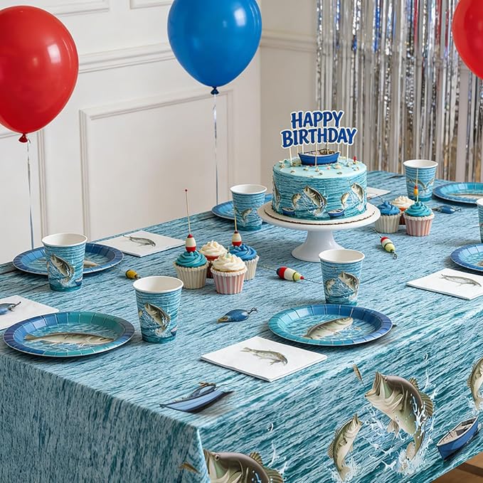 4 Pack Fish Tablecloths, Fishing Birthday Party Decorations, Gone Fishing Plastic Tablecloths for Bass Ofishally One Birthday Decorations, 54" × 108"