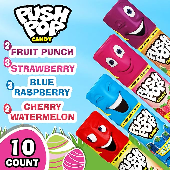 Push Pop Easter Candy Variety Pack, 10 Ct Lollipops Individually Wrapped in Fruity Flavors, Bulk Individually Wrapped Hard Candy, Birthday Party Favors, Easter Basket Stuffers, Egg Fillers, Kids Gifts