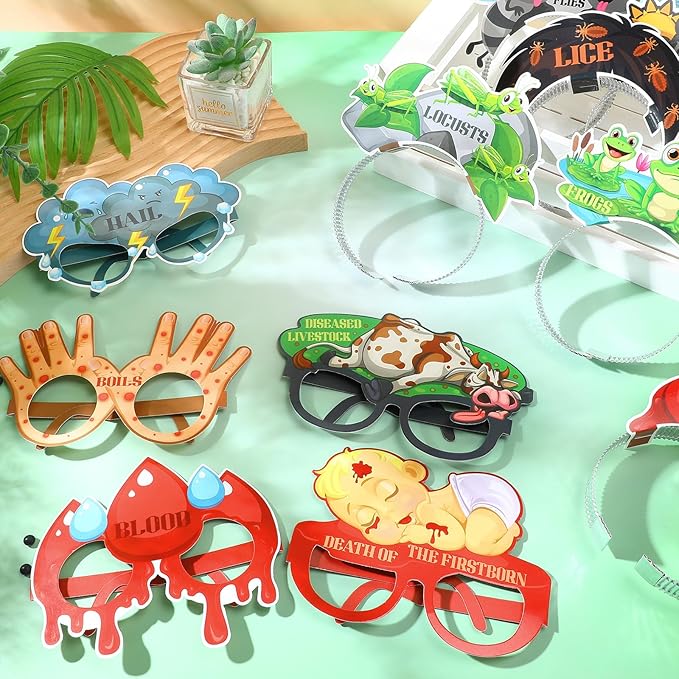Pajean 20 Pcs Passover Decoration Include 10 Plagues Paper Eyeglasses 10 Plagues Headbands Photo Booth Props for Pesach Seder Family Party Favors Decorations Supply