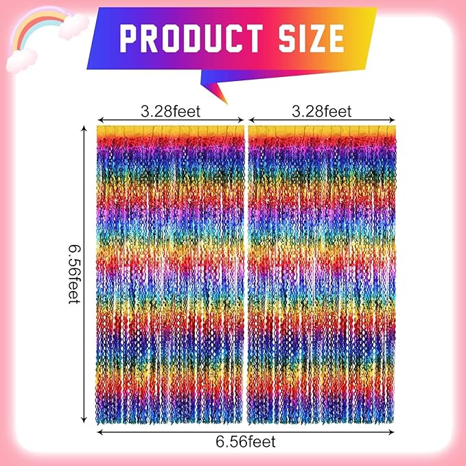 2 Pack Colorful Wavy Foil Fringe Curtain Backdrop, 3.3 X 6.6 Ft Rainbow Wavy Fringe Curtains, Colorful Streamer Shiny Metallic Tinsel Iridescent Streamers for Birthday Party Streamers Photo Booth