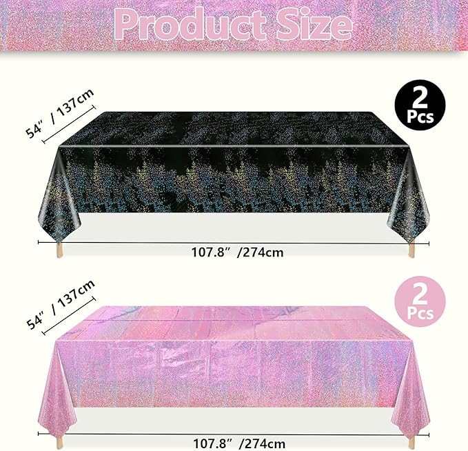 2Pcs Pink & 2Pcs Black Holographic Tablecloths Rectangular Pink and Black Iridescent Tablecloth Shimmer Metallic Table Covers for Hot Pink and Black Birthday Decorations, 54 x 108inch
