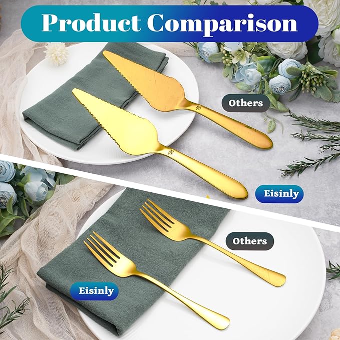 1 Pcs Cake Pie Server and 4 Forks Set for Wedding, Elegant Pizza Slicer Server Set with Stainless Steel Big Serrated Edges, Cake Cutter Pie Spatula for Birthday Anniversary, Gold