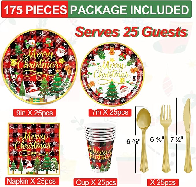Christmas Party Decorations Supplies - 175 PCS Merry Christmas Red Plaid Disposable Dinnerware Set Xmas Paper Plates and Napkins Sets with Cups Fork Spoon for Holiday Party Supplies, Serve 25