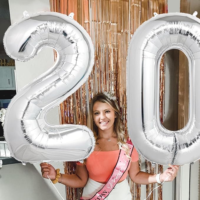 Number Balloons Silver Party Balloon - Giant Number 20 Balloon, 40 Inch Large Balloon for 20th Birthday Decorations, Silver Party Supplies for Anniversary