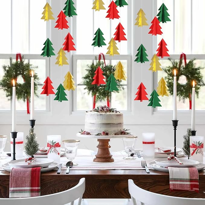 BEISHIDA Red Green Gold Christmas Decorations, 2 Pcs 3D Christmas Tree Paper Garland Xmas Hanging Ornaments Party Decorations for Baby Shower New Year Party Supplies