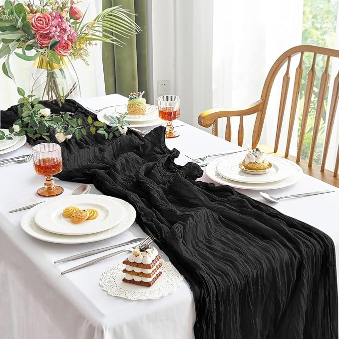 IVAPUPU 10 Pcs Cheesecloth Table Runner - 10ft Black Easter Spring Boho Gauze Black Cheese Cloth Table Runners for Baby Shower Decoration Wedding Party Garden Farmhouse Decor