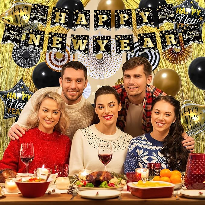 Happy New Year Decorations 2026 Set, Glitter Happy New Year Banner, Gold Fringe Curtain Backdrop Paper Fans New Year Balloons for New Years Eve Party Supplies 2026