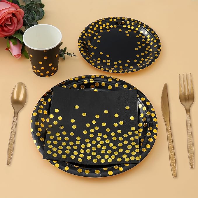 176 PCS Black Gold Party Dinnerware Set Black Golden Dot Disposable Dinnerware Plate Napkins Cups Gold Plastic Forks Knives Spoons Tablecloth Party Supplies Birthday Graduation New Years