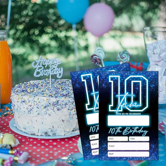 SIXEIGHT Blue 10th Birthday Party Invitations for Kids, Glow Neon 10th Birthday Invitations for Boys Girls, 20 Pack Blue Invites with Envelopes, Glow Neon Party Decorations Supplies, 4"x6"-C10