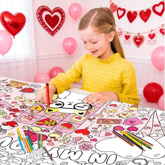 OHOME Valentines Crafts for Kids - Valentines Day Giant Coloring Poster/Tablecloth - 72×30 Inch Valentine's Day Banner Gifts Treats Activities Decor Party Decorations for Classroom School