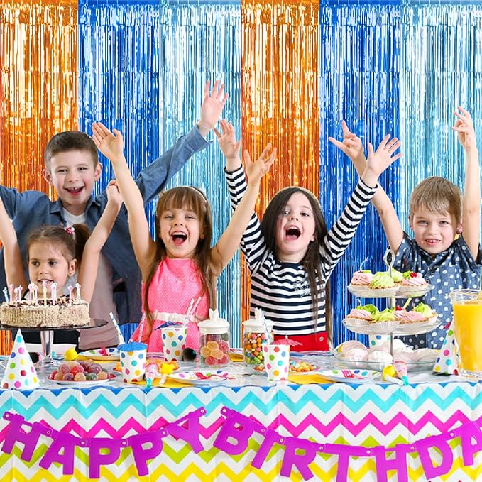 6 Pack 3.3X6.6Ft Blue Dog Foil Fringe Curtains Backdrop Decorations, Orange and Light Blue Birthday Party Tinsel Metallic Streamers Photo Booth Background for Dog Theme Party Supplies