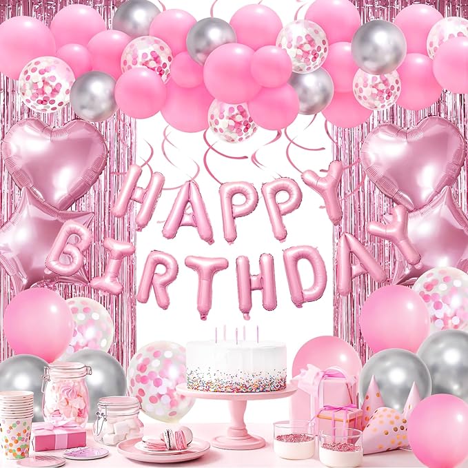 Pink Birthday Decorations, Happy Birthday Banner, Confetti Balloons, Fringe Curtain, Heart Star Foil Balloons, Hanging Swirls for Women Girls Princess Party Decorations